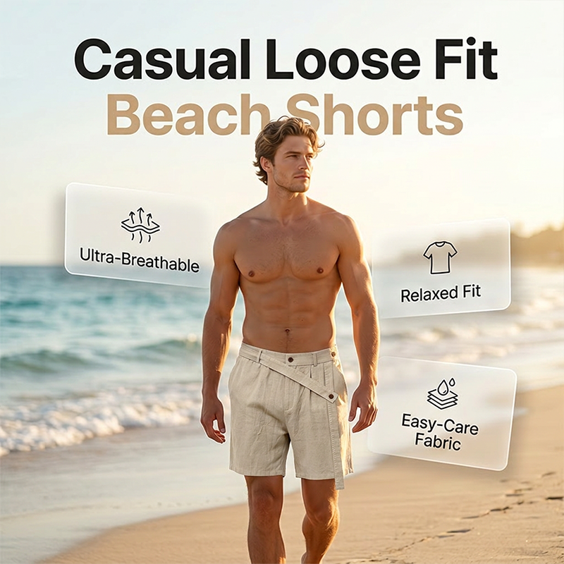 Short d'été en lin pour homme, coupe ample et décontractée, idéal pour la plage