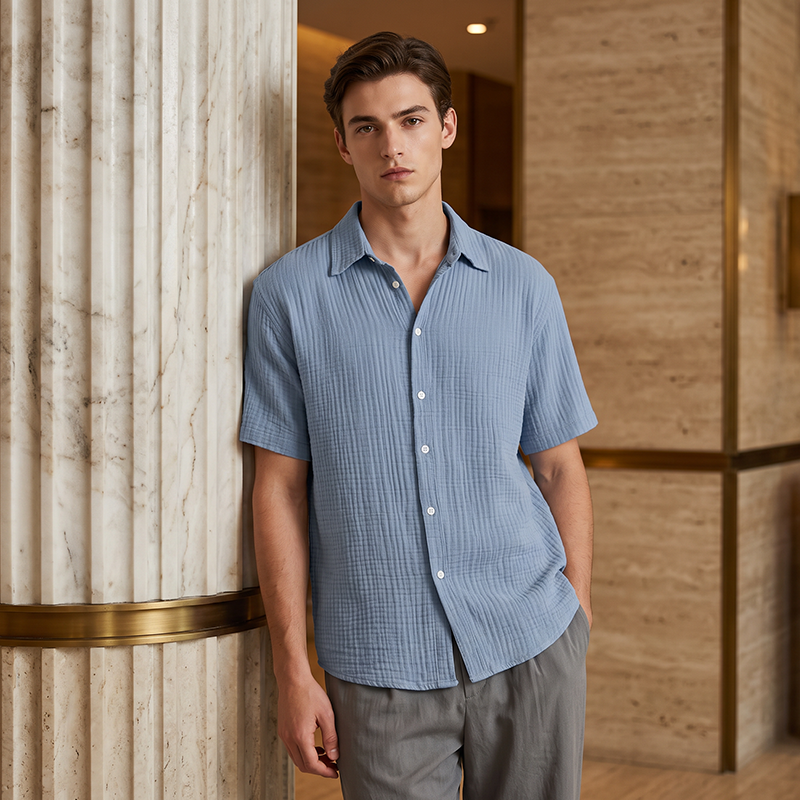 👔 Chemise Homme Manches Courtes en Coton Froissé Léger – Col Chemise Décontractée Été🤍 look chic décontracté pour bureau et quotidien