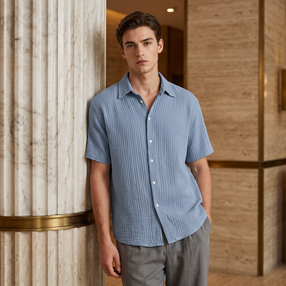 👔 Chemise Homme Manches Courtes en Coton Froissé Léger – Col Chemise Décontractée Été🤍 look chic décontracté pour bureau et quotidien