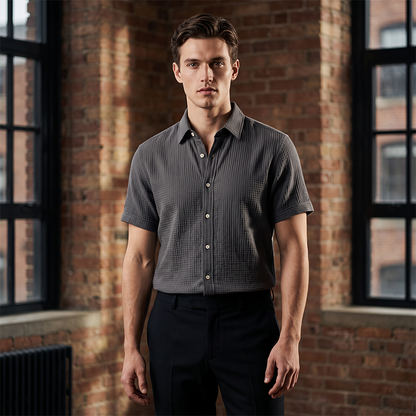 👔 Chemise Homme Manches Courtes en Coton Froissé Léger – Col Chemise Décontractée Été🤍 look chic décontracté pour bureau et quotidien