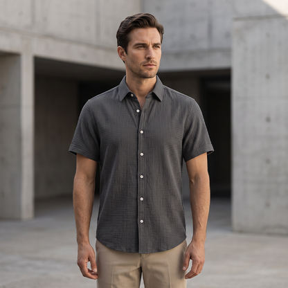 👔 Chemise Homme Manches Courtes en Coton Froissé Léger – Col Chemise Décontractée Été🤍 look chic décontracté pour bureau et quotidien