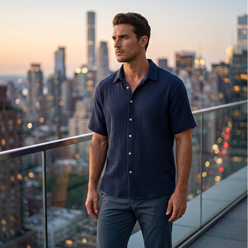 👔 Chemise Homme Manches Courtes en Coton Froissé Léger – Col Chemise Décontractée Été🤍 look chic décontracté pour bureau et quotidien