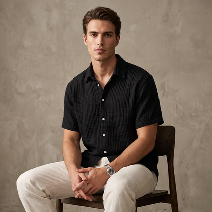 👔 Chemise Homme Manches Courtes en Coton Froissé Léger – Col Chemise Décontractée Été🤍 look chic décontracté pour bureau et quotidien