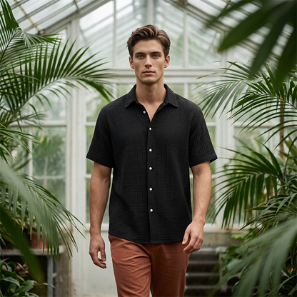 👔 Chemise Homme Manches Courtes en Coton Froissé Léger – Col Chemise Décontractée Été🤍 look chic décontracté pour bureau et quotidien