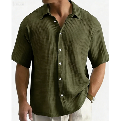 👔 Chemise Homme Manches Courtes en Coton Froissé Léger – Col Chemise Décontractée Été🤍 look chic décontracté pour bureau et quotidien