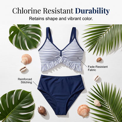 Maillot de Bain Deux Pièces Taille Haute à Volants pour Femme