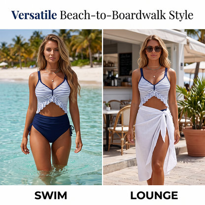 Maillot de Bain Deux Pièces Taille Haute à Volants pour Femme