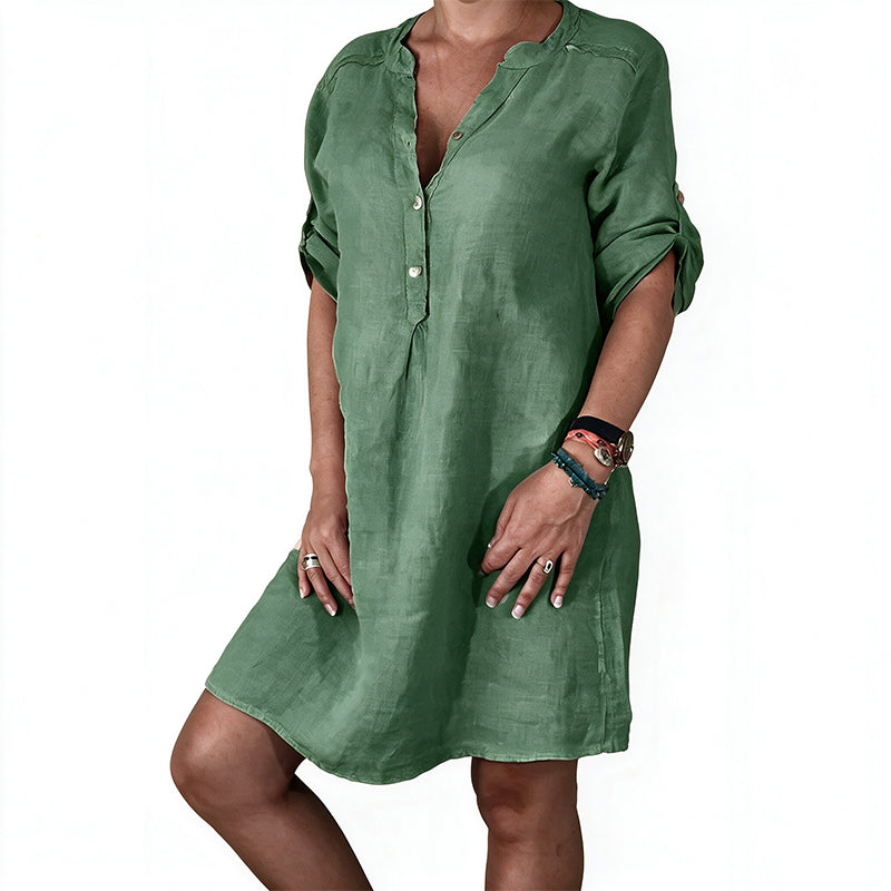 Robe d'été à col en V et manches roulées pour femme