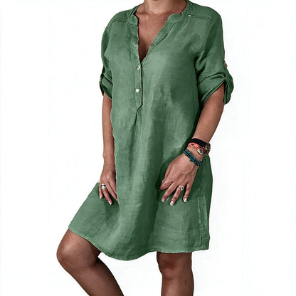 Robe d'été à col en V et manches roulées pour femme