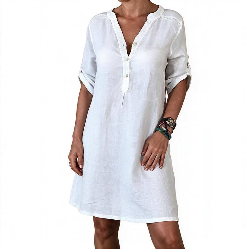 Robe d'été à col en V et manches roulées pour femme