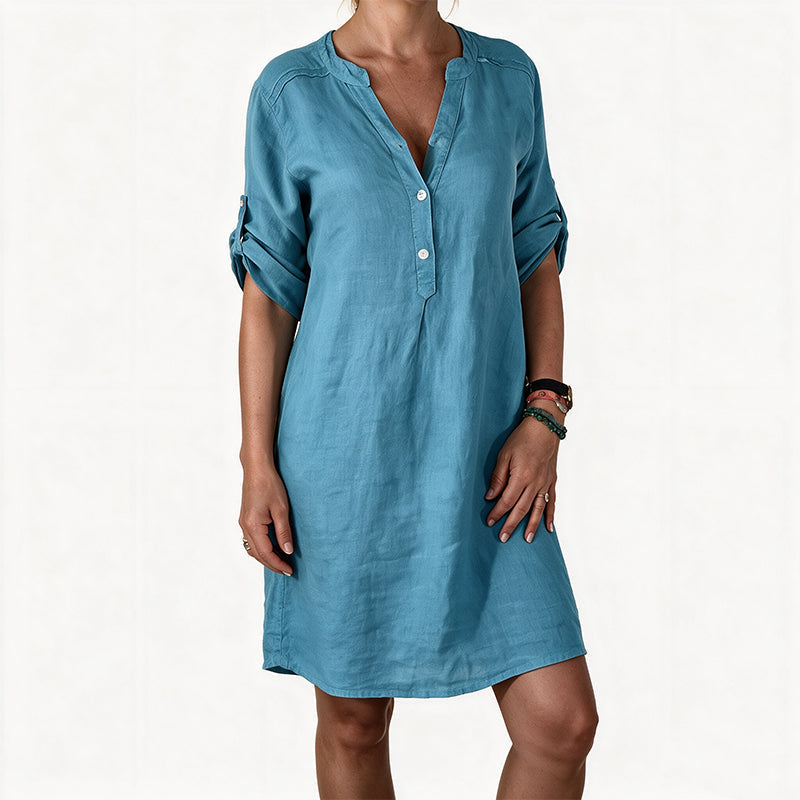Robe d'été à col en V et manches roulées pour femme