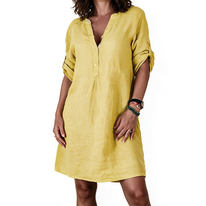 Robe d'été à col en V et manches roulées pour femme
