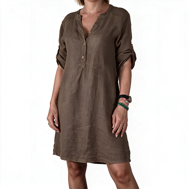 Robe d'été à col en V et manches roulées pour femme