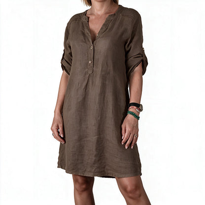 Robe d'été à col en V et manches roulées pour femme