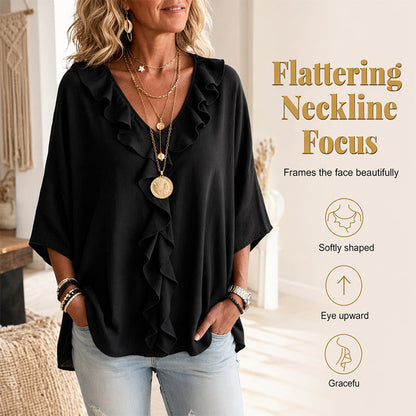 Blouse décontractée à col en V avec bordure à volants pour femme