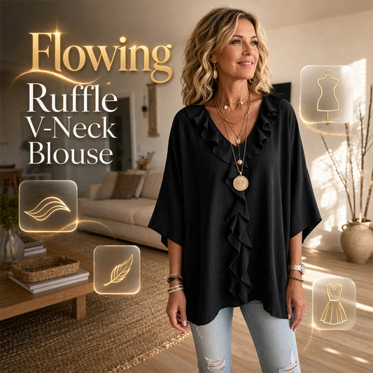 Blouse décontractée à col en V avec bordure à volants pour femme