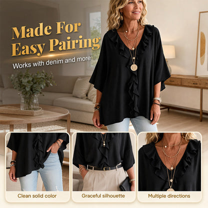 Blouse décontractée à col en V avec bordure à volants pour femme