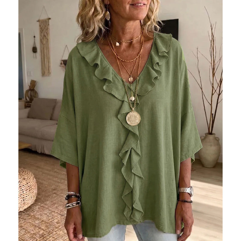 Blouse décontractée à col en V avec bordure à volants pour femme