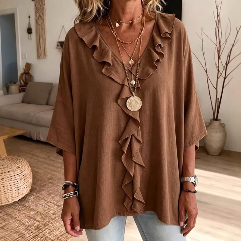 Blouse décontractée à col en V avec bordure à volants pour femme