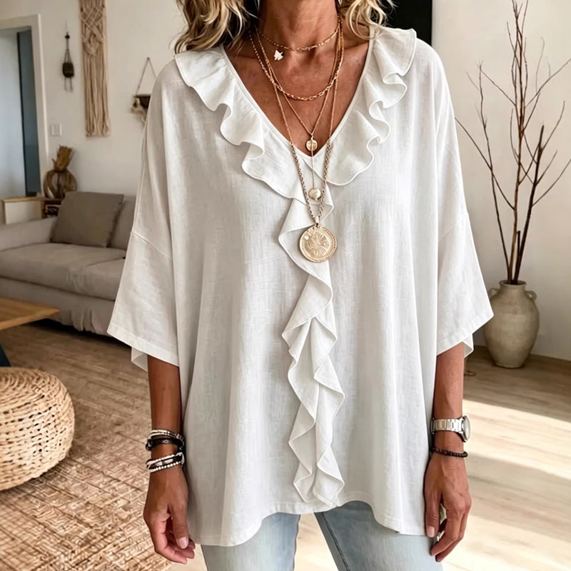 Blouse décontractée à col en V avec bordure à volants pour femme