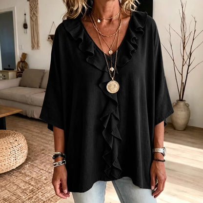 Blouse décontractée à col en V avec bordure à volants pour femme