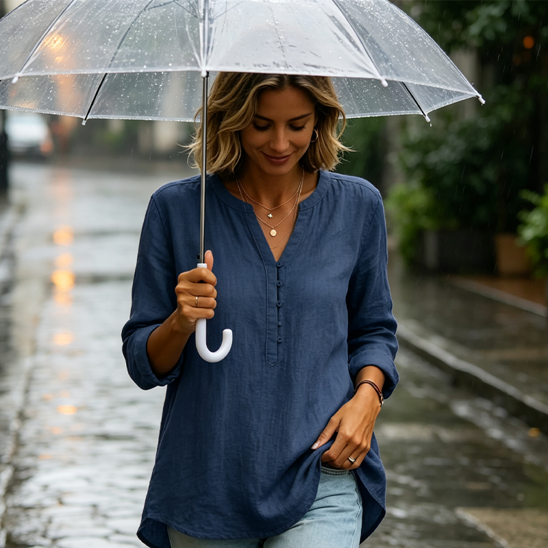 Chemise décontractée en coton et lin à col en V boutonnée à manches longues