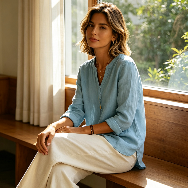 Chemise décontractée en coton et lin à col en V boutonnée à manches longues
