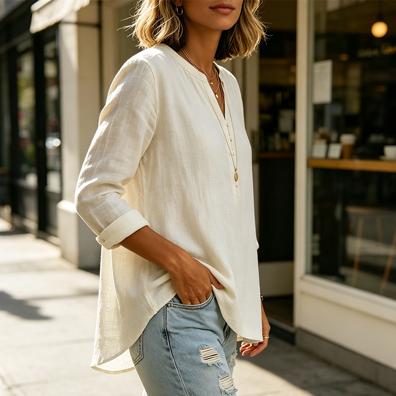 Chemise décontractée en coton et lin à col en V boutonnée à manches longues