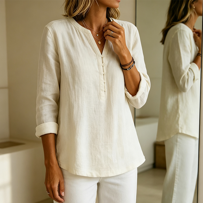Chemise décontractée en coton et lin à col en V boutonnée à manches longues