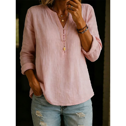Chemise décontractée en coton et lin à col en V boutonnée à manches longues