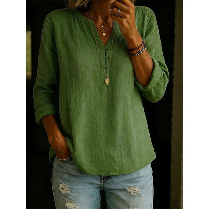 Chemise décontractée en coton et lin à col en V boutonnée à manches longues