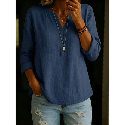 Chemise décontractée en coton et lin à col en V boutonnée à manches longues