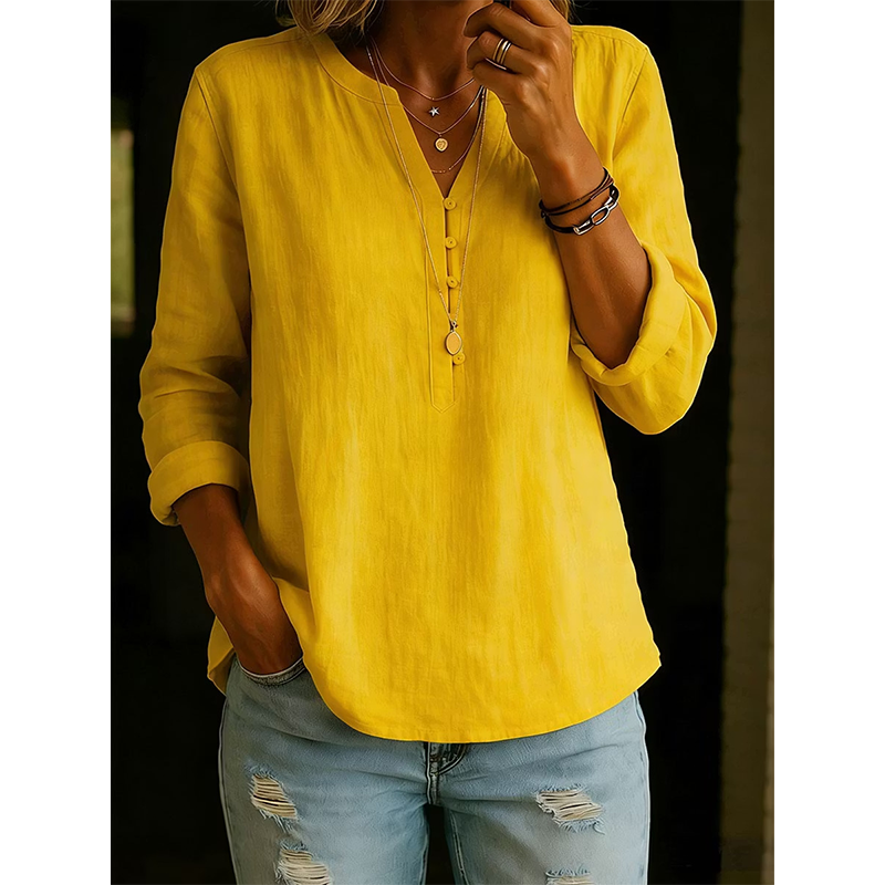Chemise décontractée en coton et lin à col en V boutonnée à manches longues