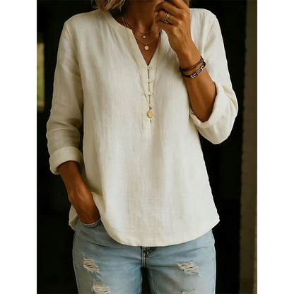 Chemise décontractée en coton et lin à col en V boutonnée à manches longues