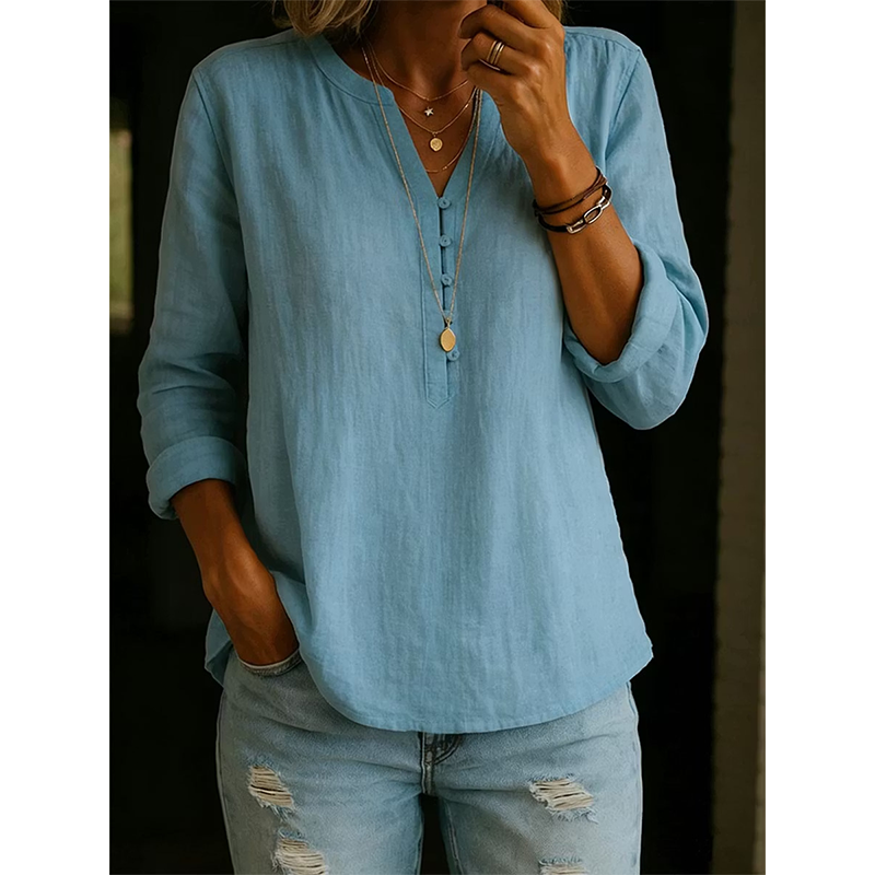 Chemise décontractée en coton et lin à col en V boutonnée à manches longues