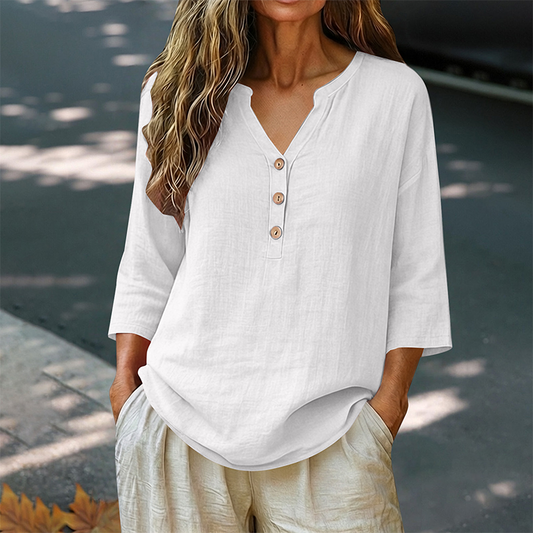 Blouse décontractée à col en V et manches 3/4 pour femme