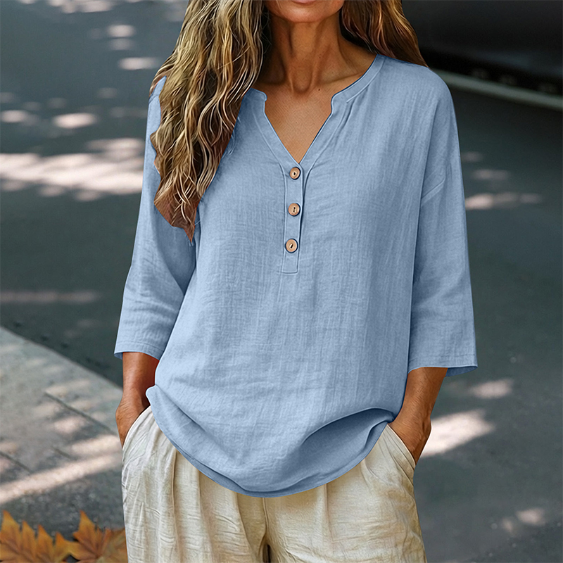 Blouse décontractée à col en V et manches 3/4 pour femme