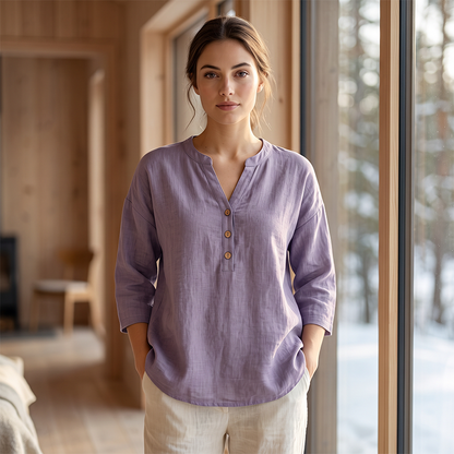 Blouse décontractée à col en V et manches 3/4 pour femme