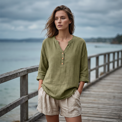 Blouse décontractée à col en V et manches 3/4 pour femme