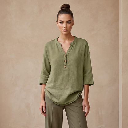 Blouse décontractée à col en V et manches 3/4 pour femme