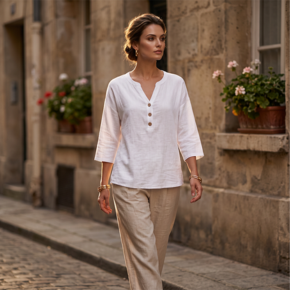 Blouse décontractée à col en V et manches 3/4 pour femme