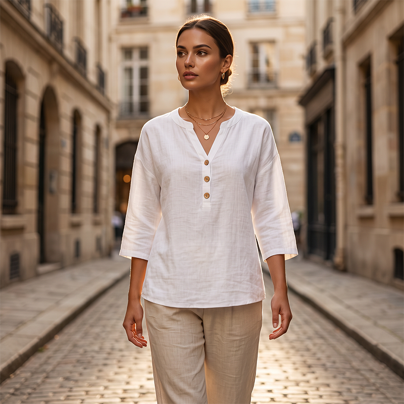 Blouse décontractée à col en V et manches 3/4 pour femme