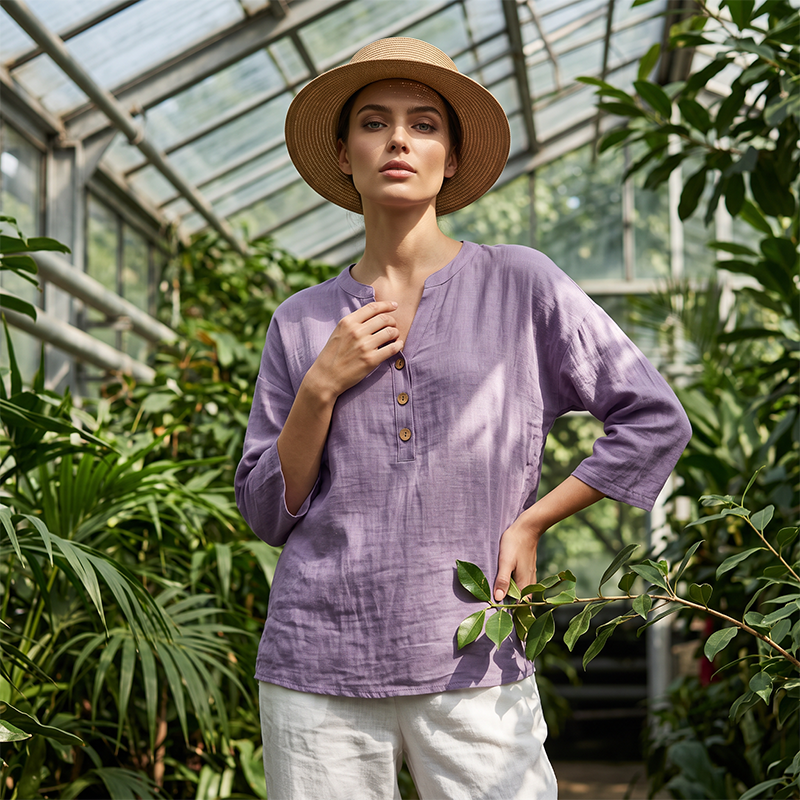 Blouse décontractée à col en V et manches 3/4 pour femme