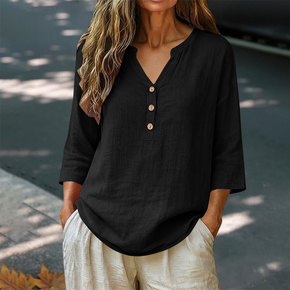 Blouse décontractée à col en V et manches 3/4 pour femme