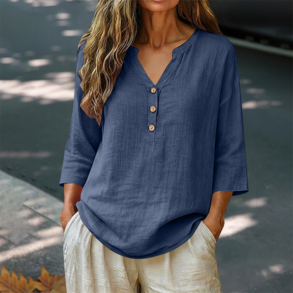 Blouse décontractée à col en V et manches 3/4 pour femme