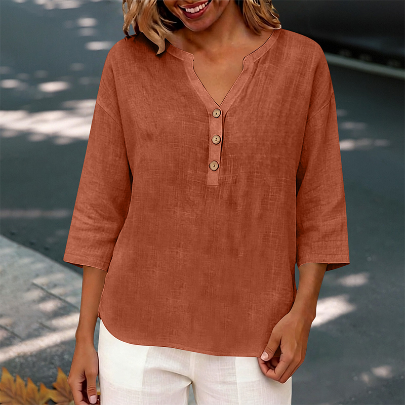 Blouse décontractée à col en V et manches 3/4 pour femme