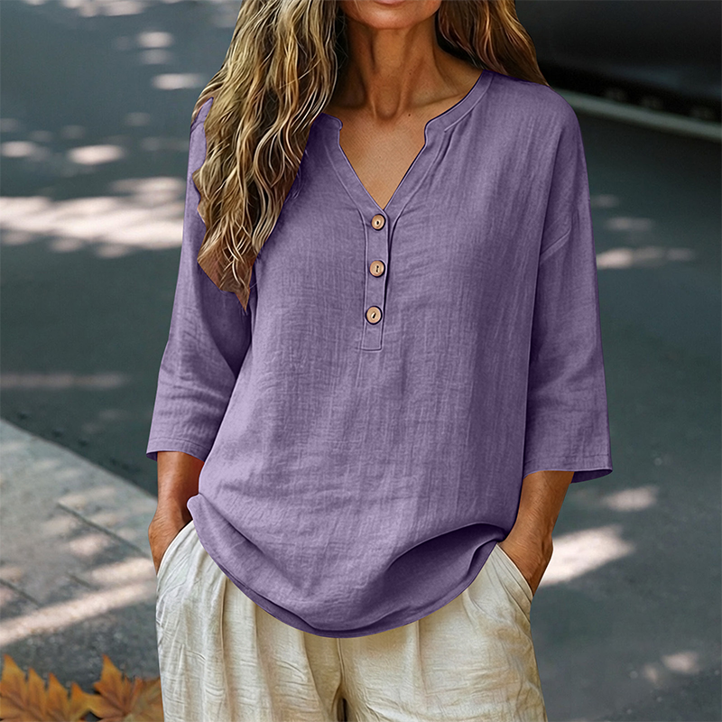 Blouse décontractée à col en V et manches 3/4 pour femme