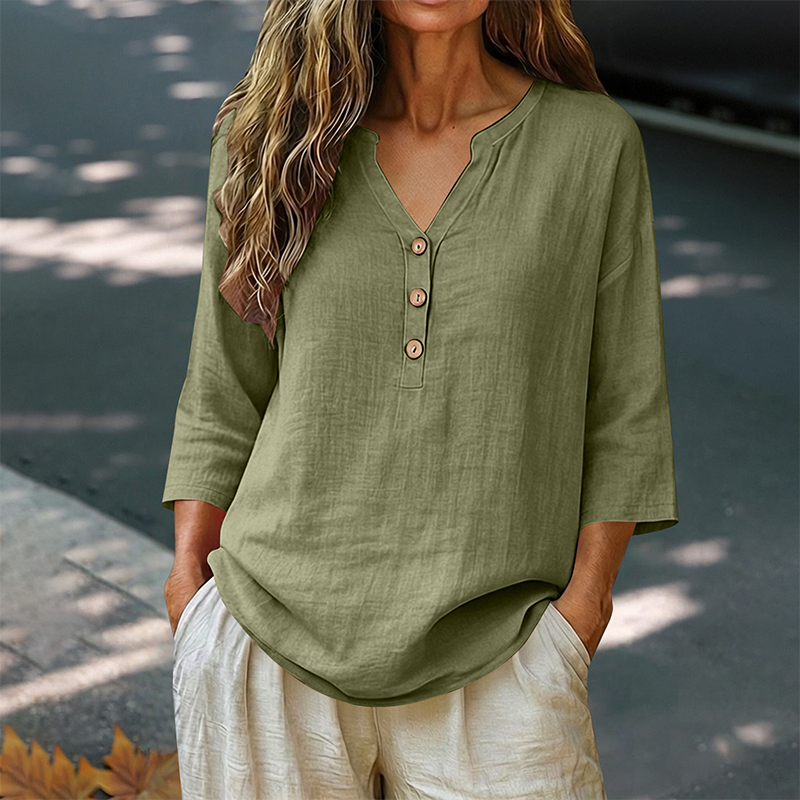 Blouse décontractée à col en V et manches 3/4 pour femme