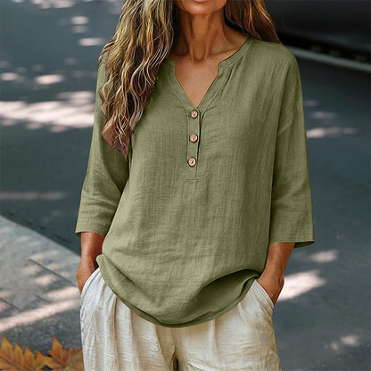 Blouse décontractée à col en V et manches 3/4 pour femme