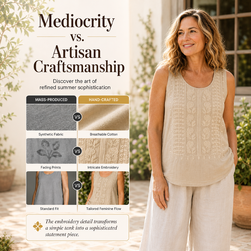 🍃☁️ -50 % ! 🌿 Débardeur brodé en mélange coton et lin – Respirant et léger – Confort tout au long de la journée.